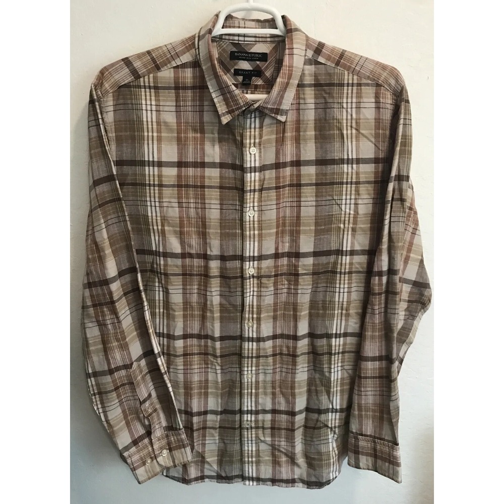 Banana Republic Shirt Mens XL Brown Beige Linen Blend Grant Fit Long Sleeves